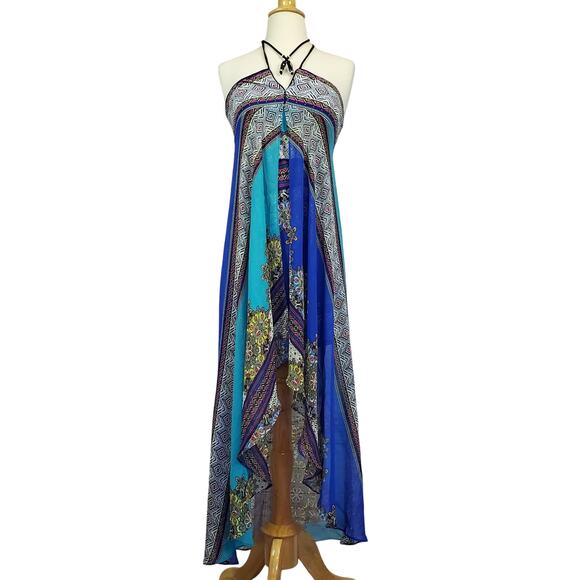 analili Blue Paisley Boho Resort Dress M Duster Set Coastal Halter Beaded Strap - Picture 1 of 16